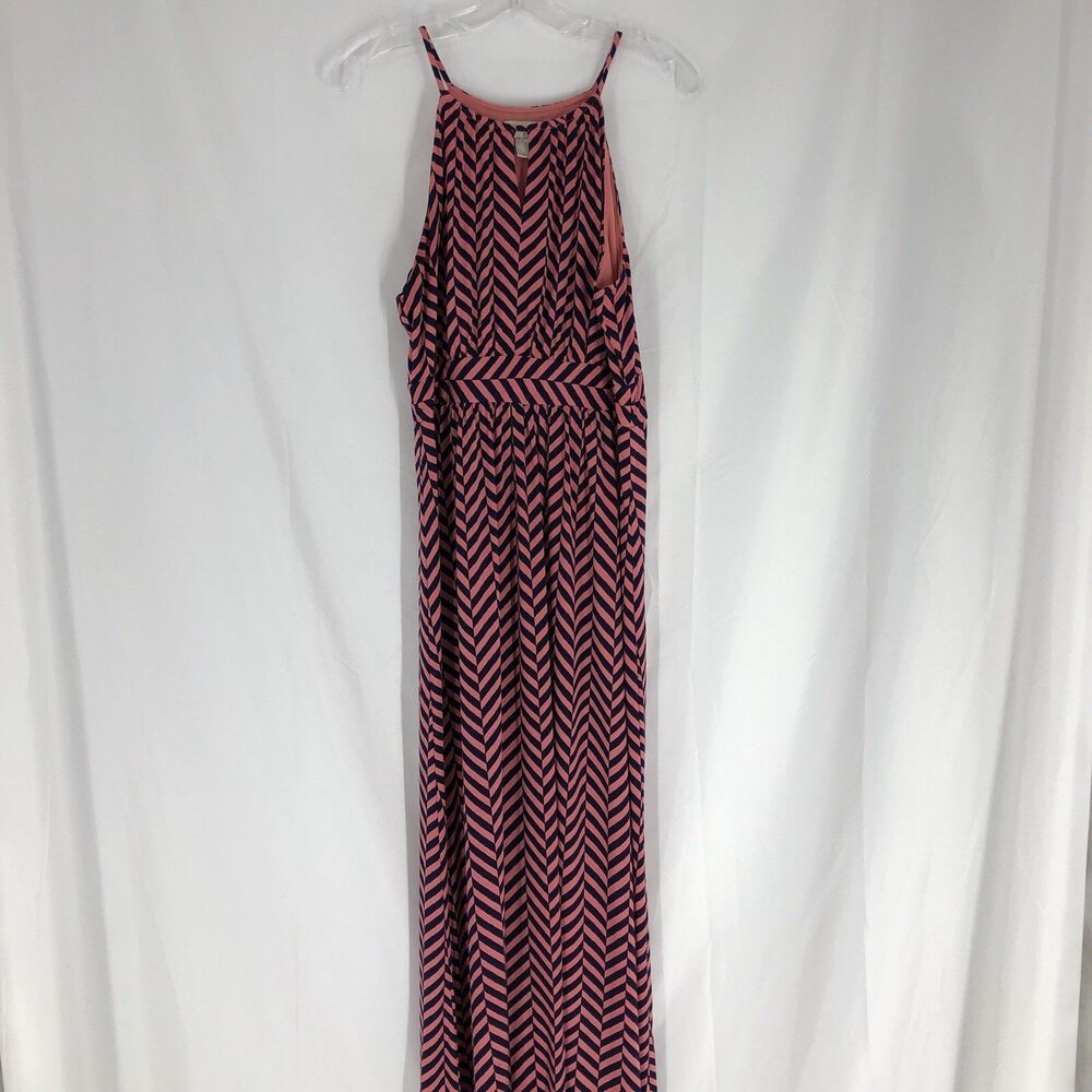 LOFT Ann Taylor Women's Chevron Print Halter Maxi Dress Navy and Coral Size Lg